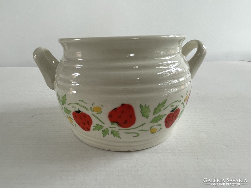 Old, vintage Kispest granite strawberry, strawberry patterned sugar bowl, salt bowl
