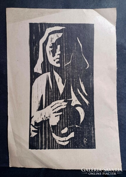 Girl with a jug - woodcut (full size: 25x17 cm)