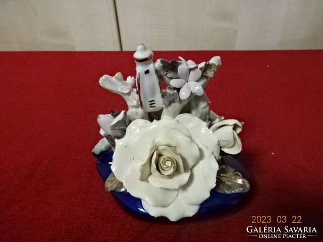 Alba Júlia porcelán, rózsa mintás asztali dísz kobalt kék alapon. Jókai.