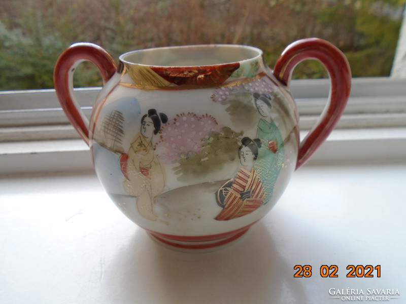 Kutani hand-painted, hand-marked, gold-contoured geisha, sugar bowl with landscape and floral tree patterns