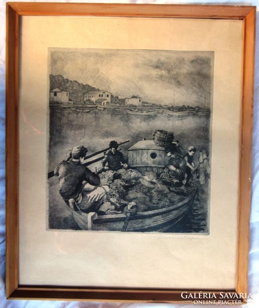 Ábrahám Rafael rézkarc, halászok jelzett.  26,5 x 29, 5, 47,5 x 39 cm.