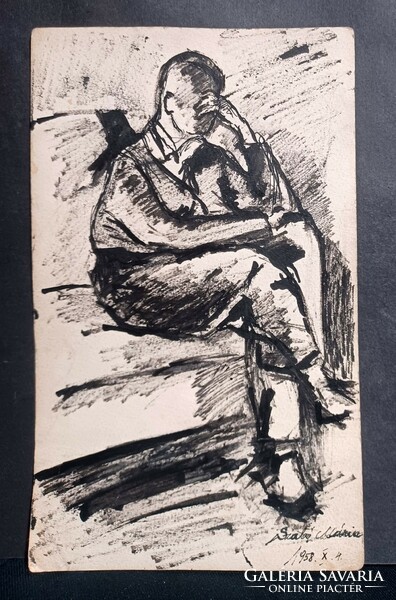 Mária Szabó - seated figure 1958 - ink drawing (19x12 cm)