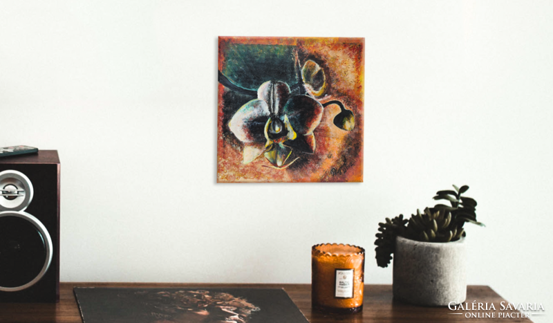 Pilipár Éva: Megbúvó  akril festmény, orchidea, vászon 24x24 cm