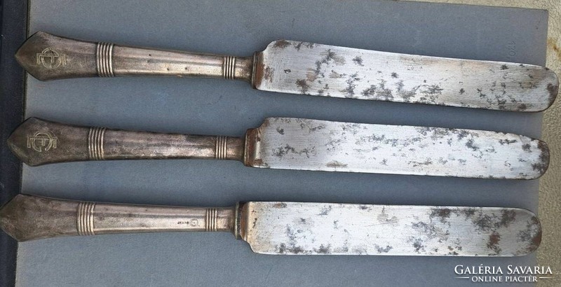 3 Antique alpaca marked monogrammed knives 25 cm.