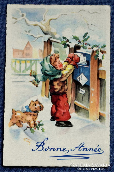 Old l'andré New Year's graphic greeting card small child dog winter landscape letter