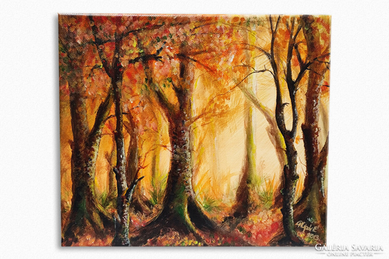 Pilipár Éva: Októberi ragyogás, őszi tájkép, 25x30 akril festmény, vászon