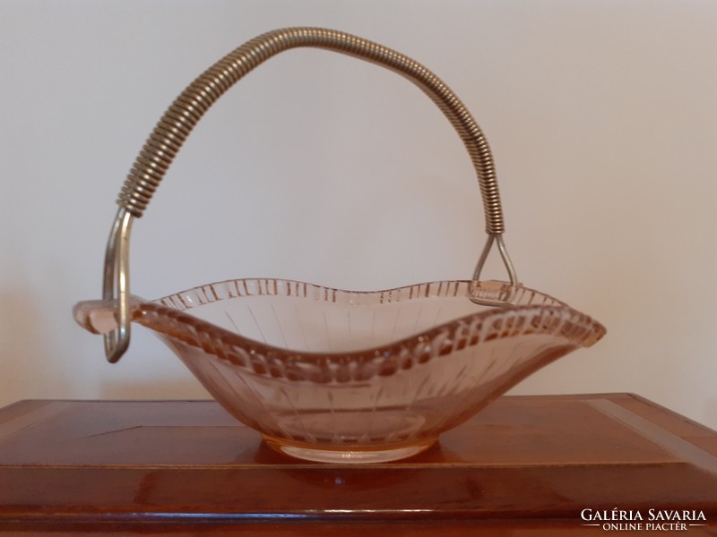 Retro mid century glass bowl old pink bowl with handles snack basket