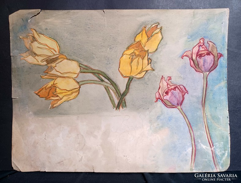 Akvarell virágcsendélet, a hátoldalon tájképpel (32x24 cm)