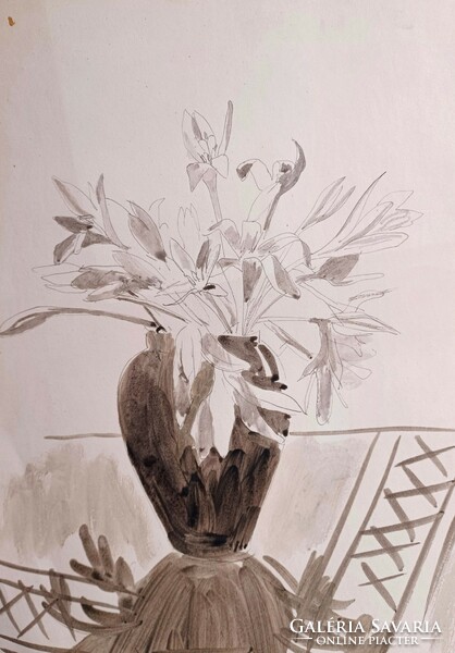 Flower still life - ink drawing (29x21 cm)