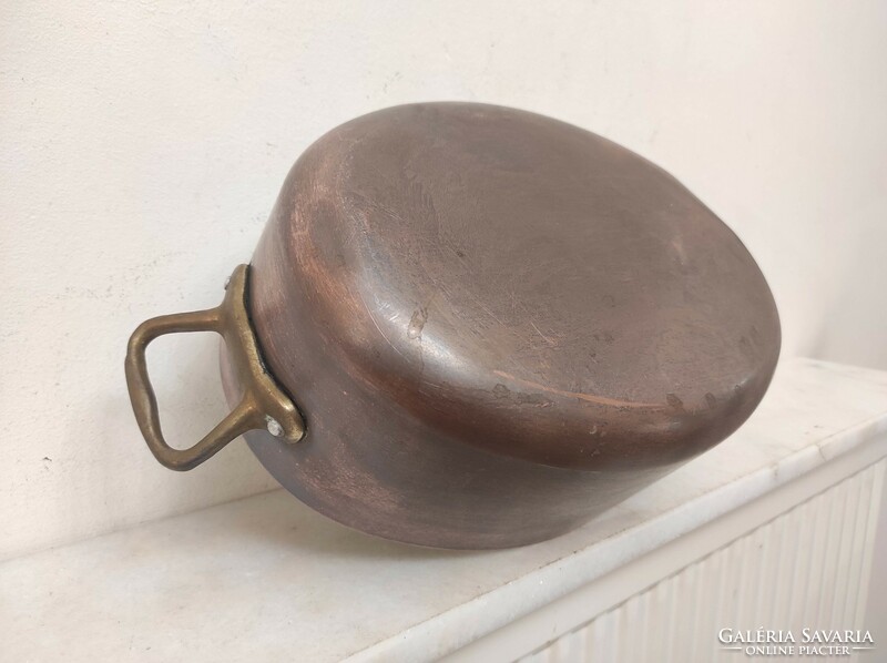 Antique kitchen tool thick red copper heavy tinned pot with brass handle 14 6787