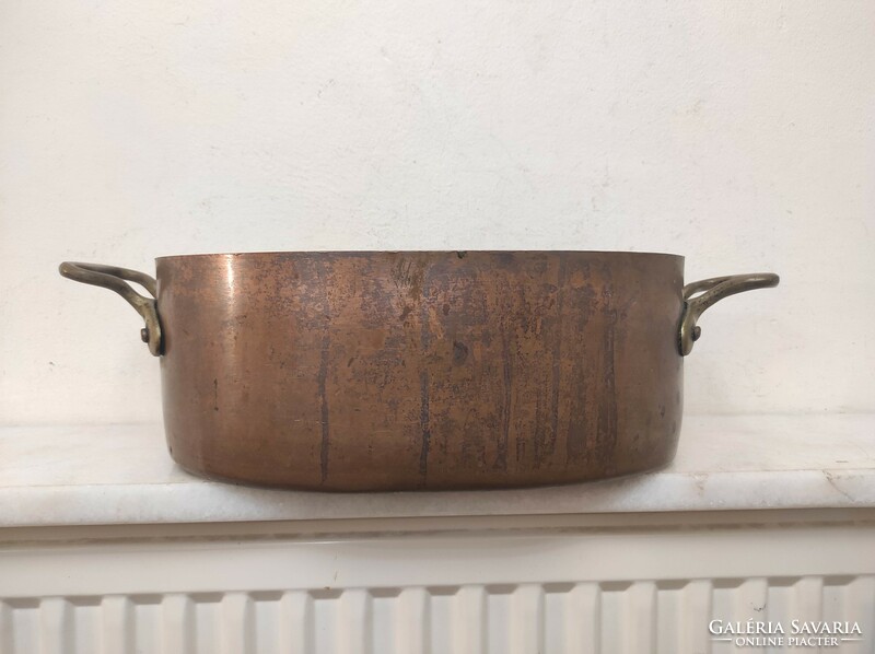 Antique kitchen tool thick red copper heavy karistolt tinning pot with brass handle 18 6791