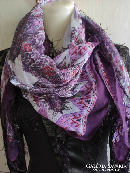 Fluffy light purple fringed shawl, scarf 100cmx100cm