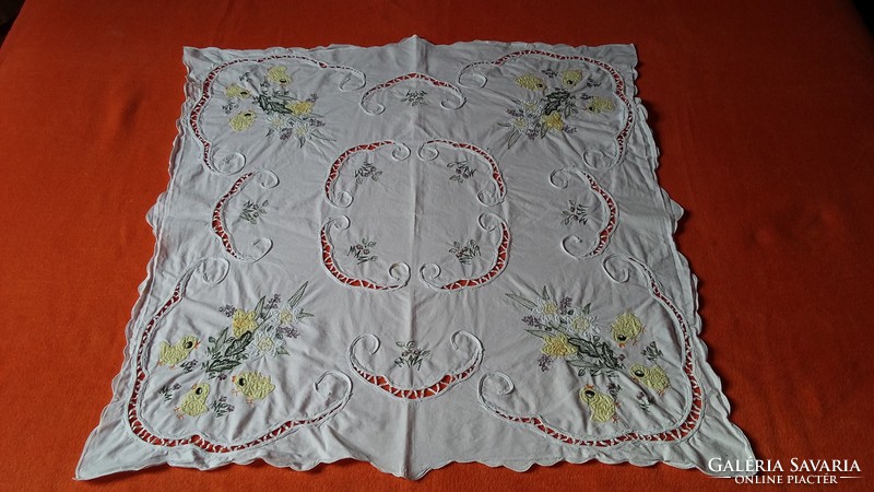 Old, Easter, chicky, embroidered, white linen tablecloth