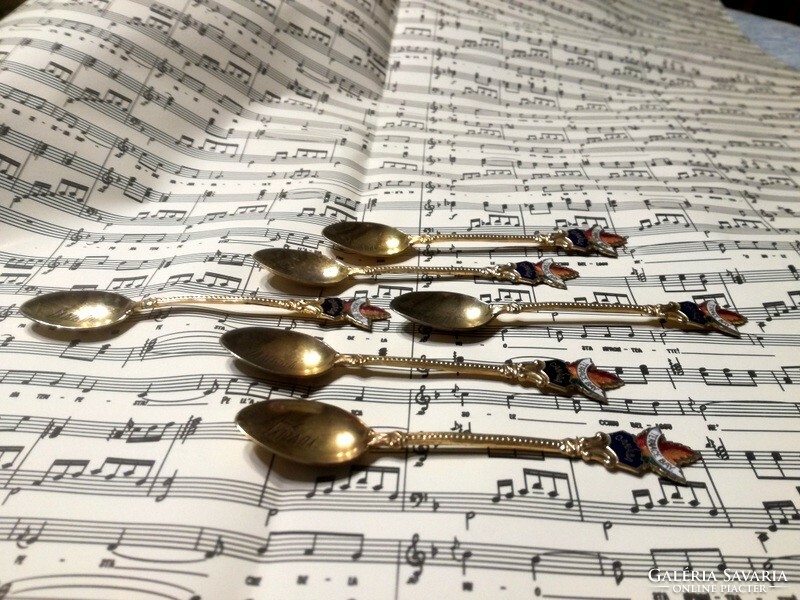 Old collectible enameled commemorative mocha spoon - set of 6 - with Canadian coat of arms