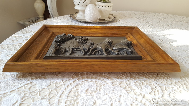 Stagecoach scene, framed tin relief, bas-relief