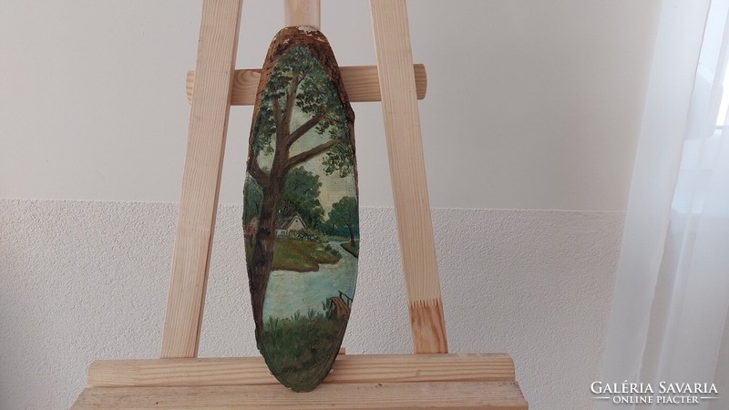 (K) landscape painting on a tree trunk 41x13 cm