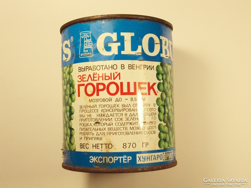 Retro GLOBUS konzerv doboz konzervdoboz - Zöldborsó - Német és Szovjet exportra, cirill felirat