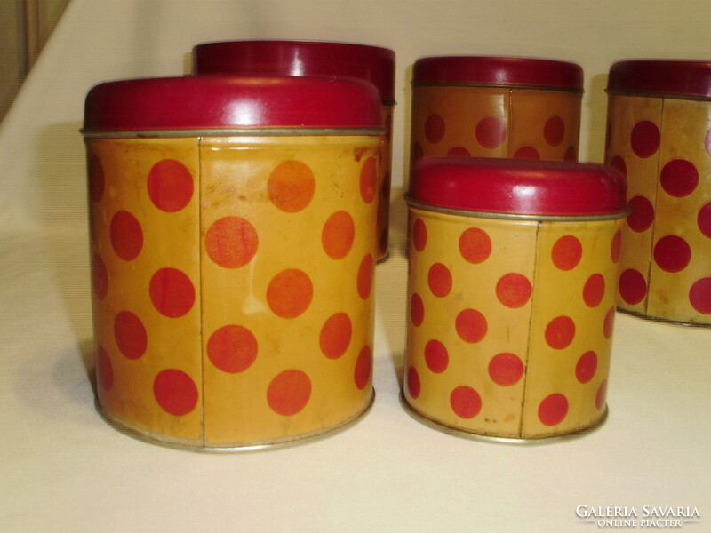 Six old, red polka-dot plate spice boxes - together - for decoration