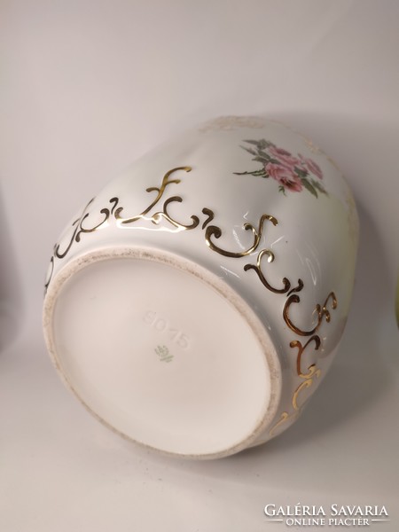 Hollóházi nagyméretű porcelán rózsás barokk kaspó