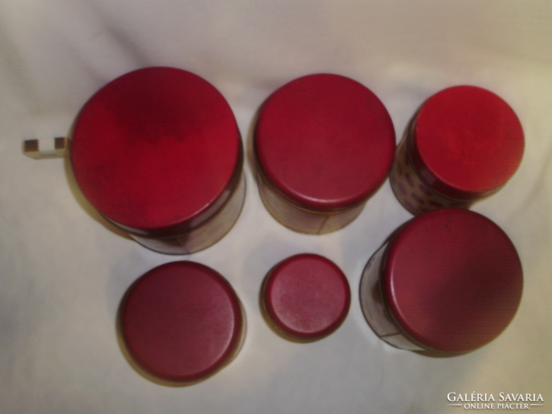 Six old, red polka-dot plate spice boxes - together - for decoration