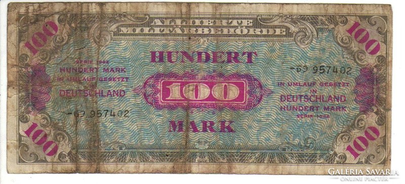 100 márka 1944 Németország katonai bankjegy 8 jegyű sorszám.