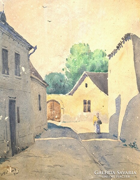 Napfényes utca - akvarell az 1920-as évekből, "Kántor" jelzéssel - utcakép