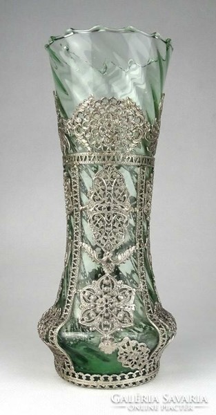 1H478 Gyönyörű antik fújt üveg váza filigrános veretezéssel 22 cm