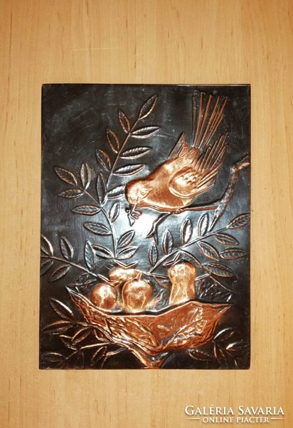 Régi réz lemez falikép madár a fészkével jelenettel 19,5*26 cm