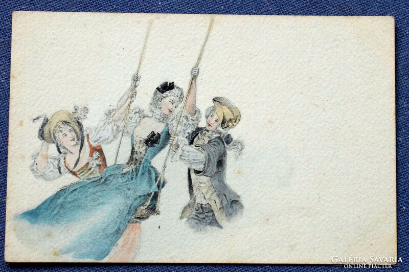Antique engraving type hand-colored postcard young people in rococo clothes swing courtship