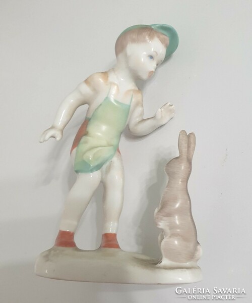 Little boy with bunny - hand painted statue - aquincum porcelain