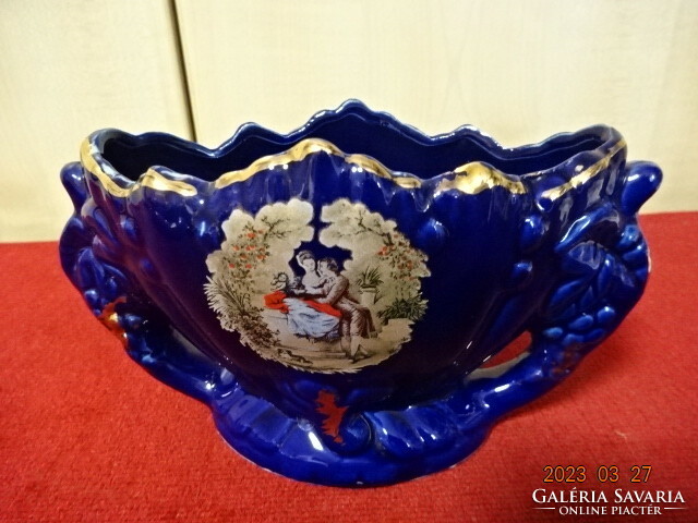 German glazed ceramic centerpiece, basket shape, cobalt blue base, spectacular pattern. Jokai.