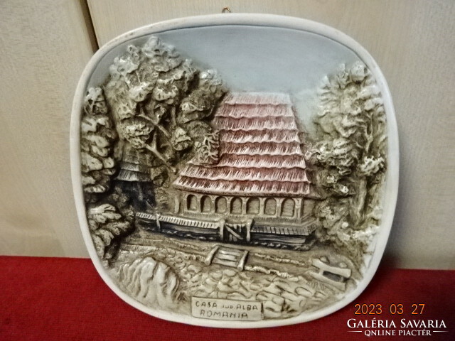 Gypsum wall plate, with casa alba Romania inscription, hand painted. Jokai.