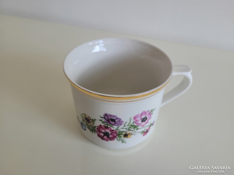 Old large size 0.5 liter Czechoslovak porcelain mug with a flower pattern, sour cream and sleeping milk tumbler