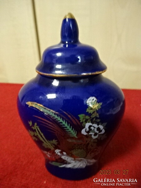 German glazed ceramic vase with a lid, on a cobalt blue base, with a golden pheasant pattern. Jokai.
