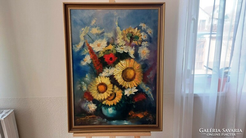(K) beautiful signed flower still life painting with frame 61x82 cm