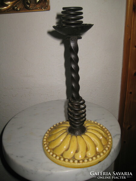 Candle holder, ivory base with part 14 cm, wrought iron structure 27 cm