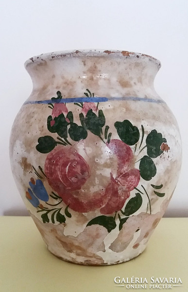 Régi népi cserépkorsó festett virágos csupor vintage dekoráció