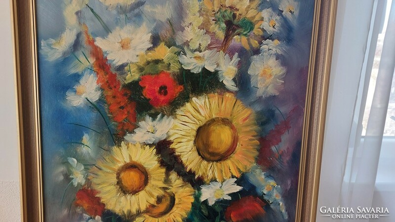 (K) Gyönyörű szignózott virágcsendélet festmény 61x82 cm kerettel