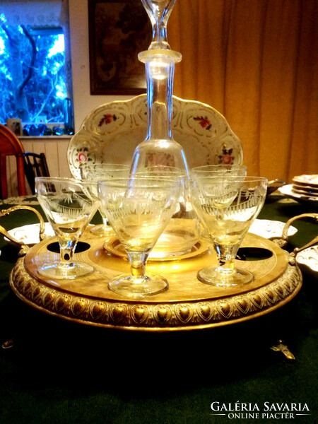 Fabulous antique drink tray + 6 pcs. Brushed glass liqueur set + bottle - art&decoration
