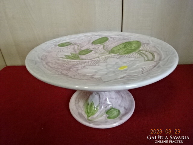 Hungarian glazed ceramic cake plate with base. Antique printed pattern. Jokai.