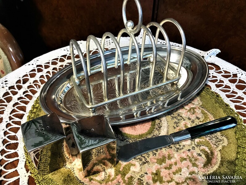 Silver-plated, vintage, breakfast set, toast holder, tray, butter knife, spice sprinklers