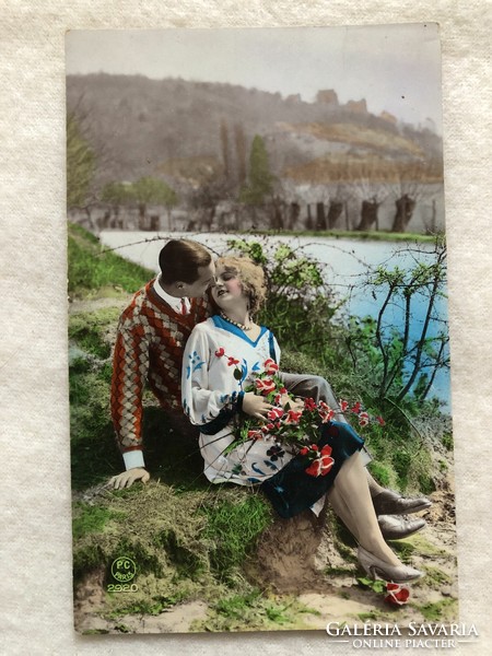 Antik, régi színezett romantikus képeslap - Postatiszta                            -5.