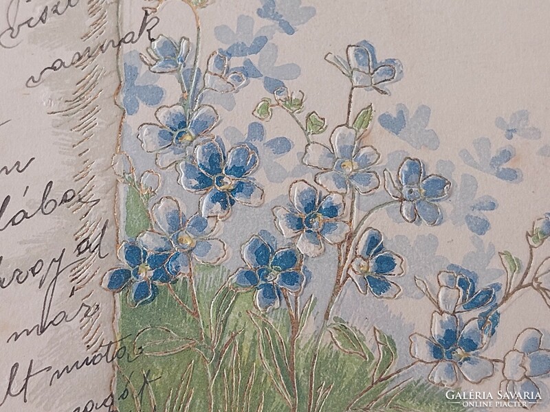 Régi virágos dombornyomott képeslap 1901 levelezőlap nefelejcs nyírfa