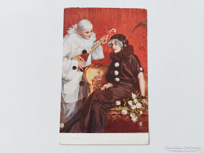 Old postcard 1915 art postcard pierrot and pierrette