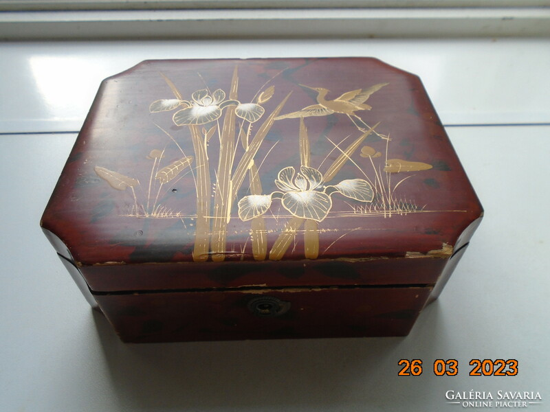 Hand painted Japanese mahogany box with gold contoured water lily, crane, floral lacquer interior