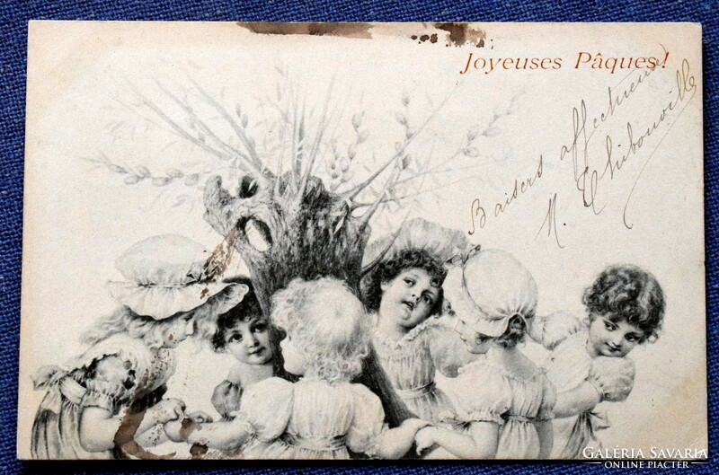 Antique mm vienne wichera Easter greeting card children dancing around tree trunk