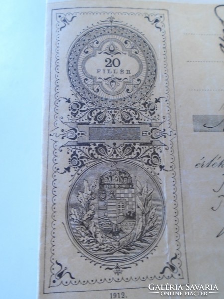 ZA424.3  RÉgi váltó húsz filléres bélyeg 1912 -rontott  Jakobovits Bernát Arad