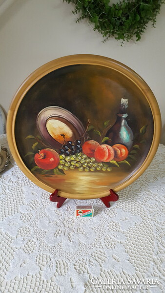 Beautiful table still life painted on a large wooden bowl, 41 cm.