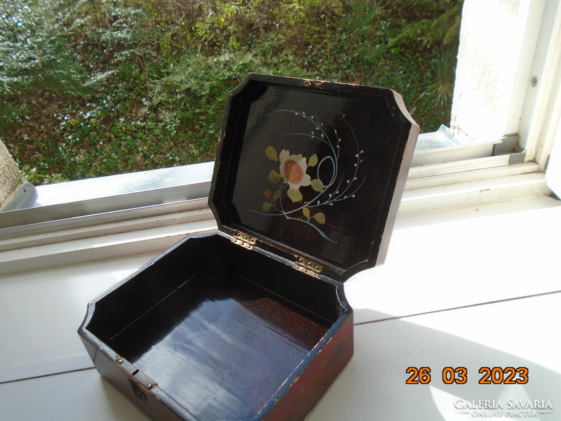 Hand painted Japanese mahogany box with gold contoured water lily, crane, floral lacquer interior
