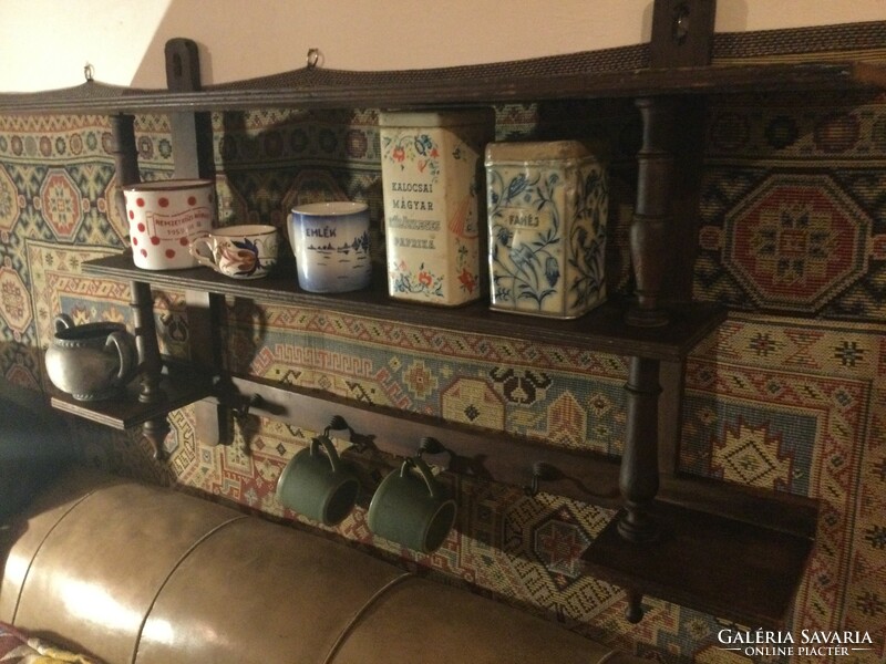 Nice wall shelf of German pewter type, spice glass, mug holder
